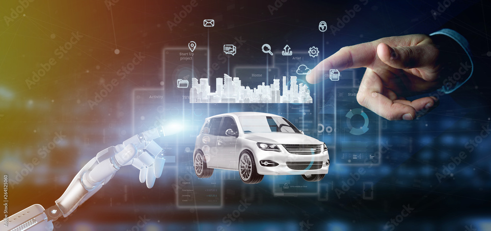 Poster cyborg hand holding dashboard smartcar interface with multimedia icon and city map on a background 3