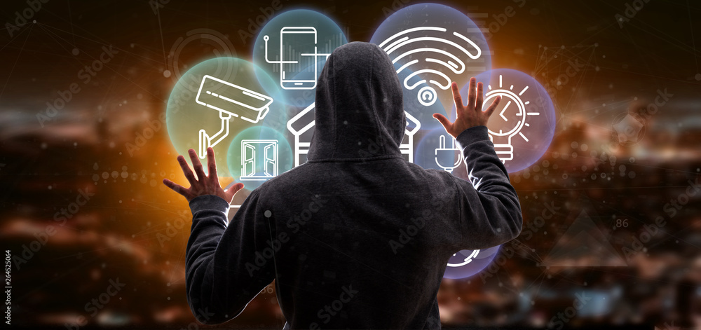Poster hacker man holding smart home interface with icon, stats and data 3d rendering