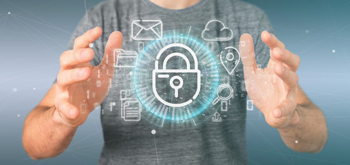 Businessman holding a Security padlock wheel icon with multimedia and social media icon 3d rendering