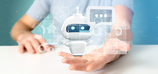 Businessman holding Chatbot with binary code, message and data 3d rendering