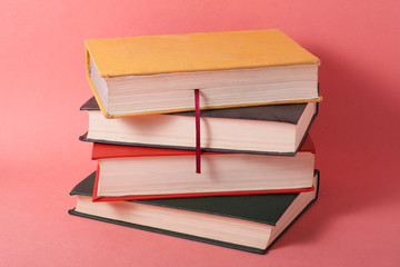 Stack of colorful books. Education background. Back to school. Copy space for text.