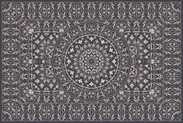 Vintage Arabic pattern. Persian colored carpet. Rich ornament for fabric design, handmade, interior decoration, textiles. Brown background. - 264525801