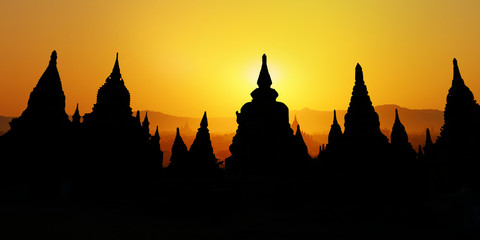 Sunset in buddhist temple,stupa,in the historical park of Bagan,Myanmar