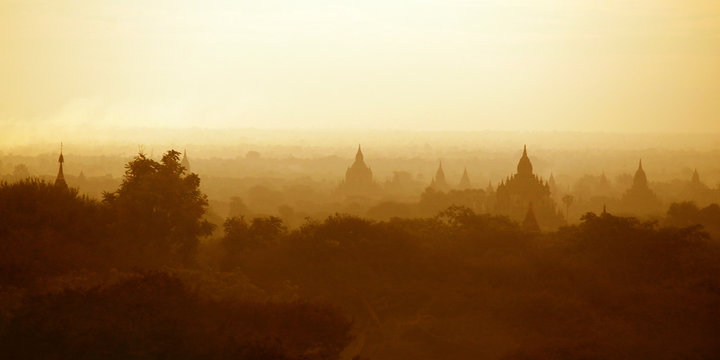 Sunset in buddhist temple,stupa,in the historical park of Bagan,Myanmar