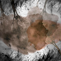Watercolor banner, logo, postcard.Black silhouette of the forest, oak, poplar, maple. Watercolor landscape brown, black splash of paint, abstract spots. Picture of ink. Reflection in a puddle 