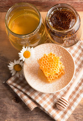 Fresh honeycombs in bowl on wooden background. closeup