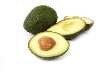 Ripe avocado full and slice fruit isolated on white background
