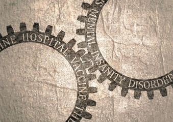 Medicine relative words on the mechanism of gears. Communication concept of mental health