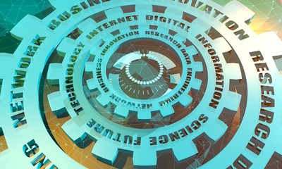 Technology relative words on the mechanism of gears. Concept in industrial design. 3D rendering