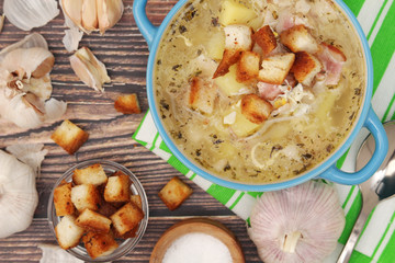 A bowl with traditional Czech garlic soup cesnecka