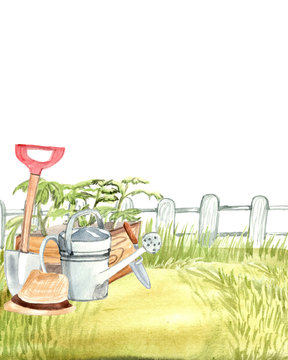  watercolor card with a picture of garden tools against a white fence