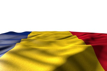 Fototapeta na wymiar beautiful national holiday flag 3d illustration. - mockup illustration of Romania flag lay with perspective view isolated on white with space for content