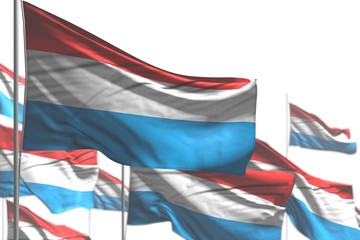 nice holiday flag 3d illustration. - many Luxembourg flags are waving isolated on white - image with bokeh
