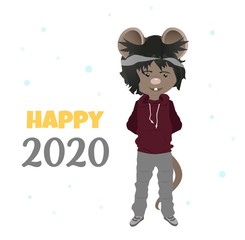 Cartoon rat in burgundy hoodie. happy 2020. Year of the rat. Chinese horoscope. Beauty mouse.	
