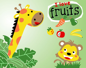 Giraffe cartoon and funny monkey with fruits