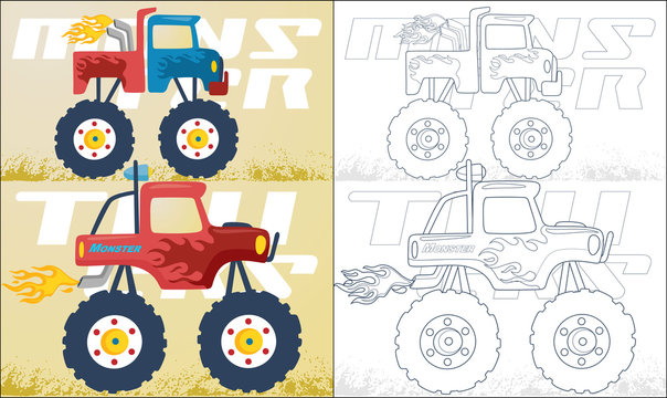 Coloring book or page with two monster truck cartoon