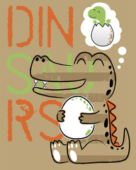 Funny dinosaur cartoon with its egg on letters background