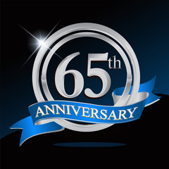 65th anniversary logo with blue ribbon and silver ring, vector template for birthday celebration.
