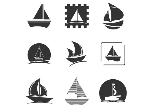 Set of sailing ship, sailing boat, sailboat, sail, ship, clipper logo 