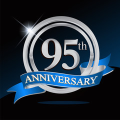 95th anniversary logo with blue ribbon and silver ring, vector template for birthday celebration.
