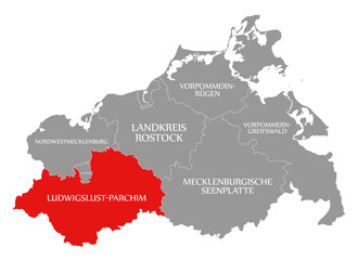 Ludwigslust-Parchim county red highlighted in map of Western Pomerania Germany
