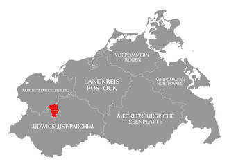 Fototapeta na wymiar Schwerin county red highlighted in map of Western Pomerania Germany