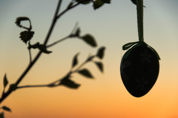 Easter decoration, one egg hanging on the fresh birch twig with yound leaves against the sky in the...