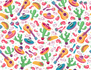 Mexican seamless pattern  with cactus and guitar