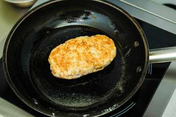 Meat cutlet in the pan.
