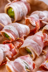 fresh green Brussels sprouts wrapped in fragrant smoked bacon