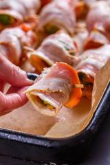 fresh green Brussels sprouts wrapped in fragrant smoked bacon