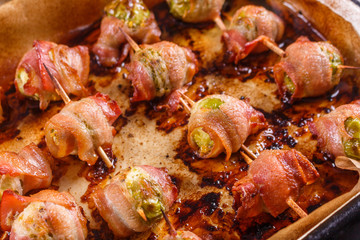 fresh green Brussels sprouts wrapped in fragrant smoked bacon