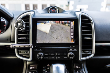 Working of a side mirror cameras to rear view. of surround 360 degrees view system. Image display...