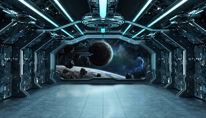 Dark blue spaceship futuristic interior with window view on space and planets 3d rendering © sdecoret