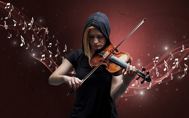 Lonely musical composer with violin and sparkling musical notes around