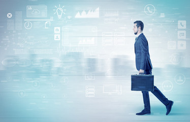 Handsome businessman walking in suit with briefcase on his hand and database concept around
