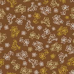 Vector brown hand drawn flowers repeat pattern. Suitable for gift wrap, textile and wallpaper.