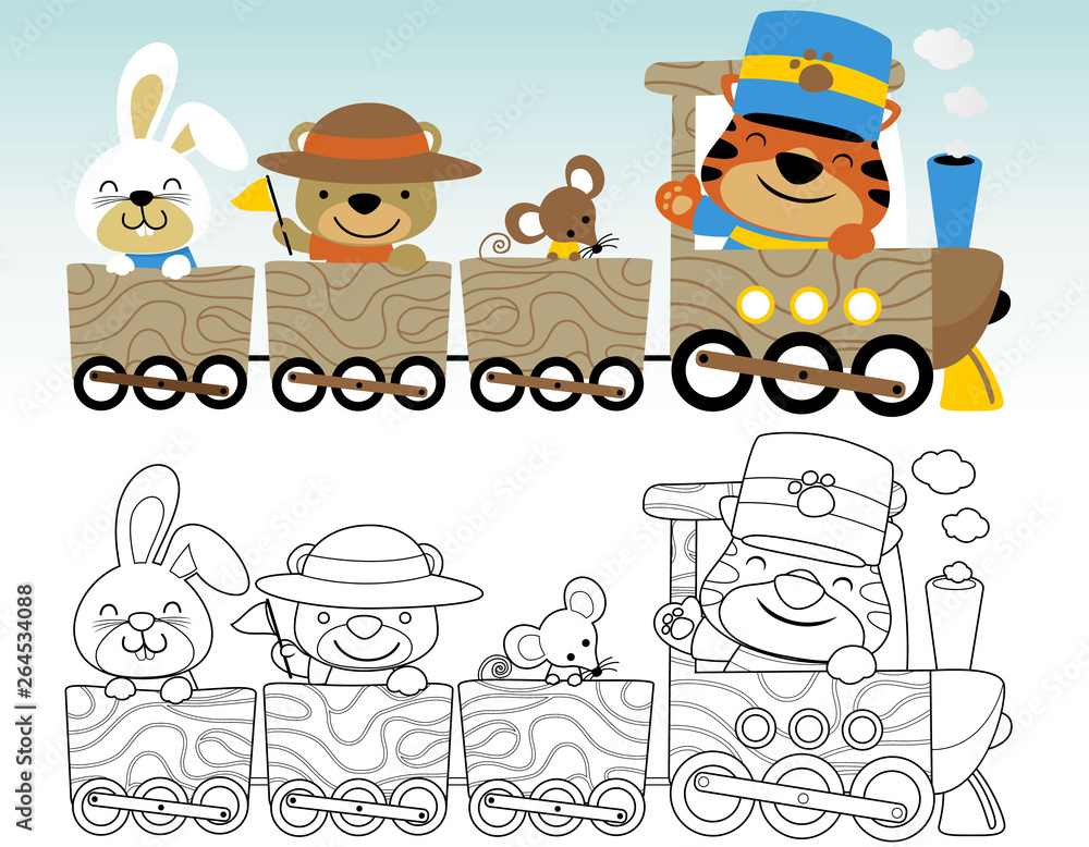 Wall mural coloring book or page with funny animals cartoon on wooden train