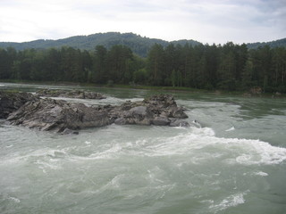 Altai. Mountain river on a cloudy day