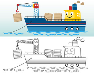 coloring book or page with funny cargo ship cartoon in the port