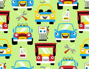 seamless pattern vector with smiling vehicles cartoon