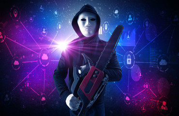 Plakat Armed burglar in dark secured database network cloud and report concept