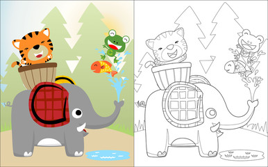 Fototapeta premium Vector cartoon of elephant with friends, tiger, fish, frog. Coloring book or page
