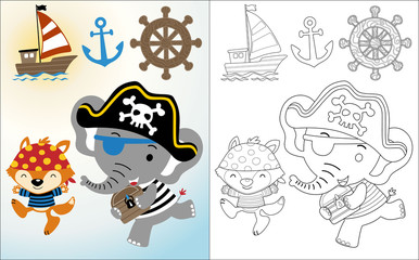 Funny pirate cartoon with sailing equipment, coloring book or page