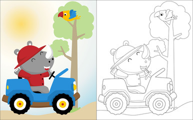 Rhino cartoon on car with a little bird on the tree, coloring book or page