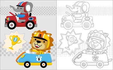 Stickers muraux Course de voitures Caricature de vecteur d& 39 éléphant et de lion dans une course automobile, un livre de coloriage ou une page