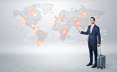 Businessman in dark suit hitchhike to business trip in a front of a map with destination