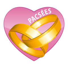 Pacsées. PACS. Pacte civil de solidarité. Coeur rose, alliances or femmes. 