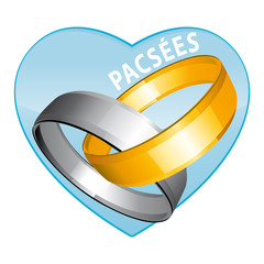 Pacsées. PACS. Pacte de solidarité civile. Coeur bleu alliances or et argent femmes.