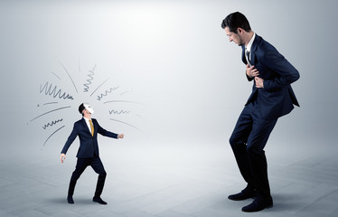 Conflict between small masked businessman and big elegant businessman
